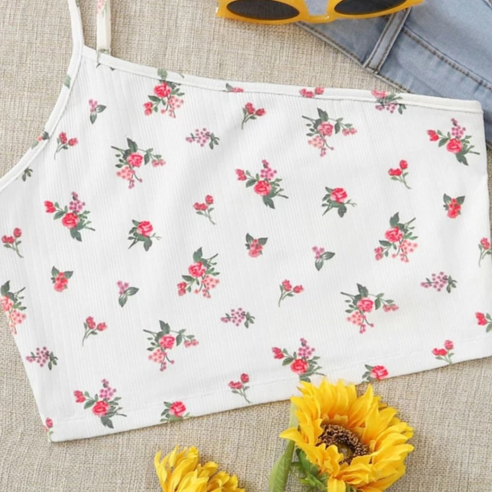 One shoulder rib knit floral crop cami